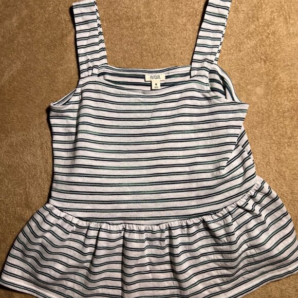 A.N.A A New Approach Women Medium White‎ Blue Green Ruffle Stripe Tank Top (D) - Picture 1 of 9